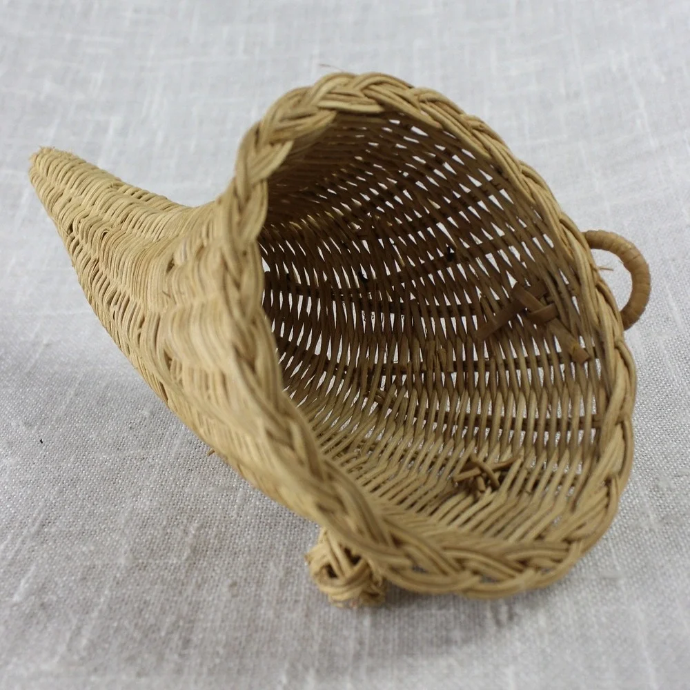 Vintage Woven Wicker Cornucopia Basket Thanksgiving Horn of Plenty Centerpiece